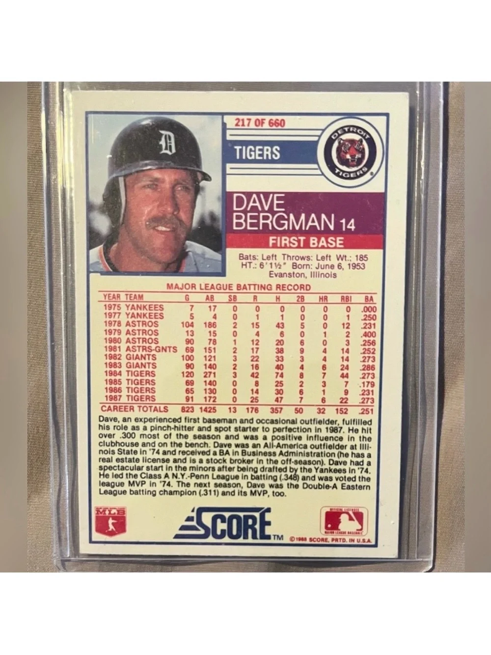 VINTAGE 1988 Dave Bergman Score MLB Detroit Tigers Baseball Trading Card